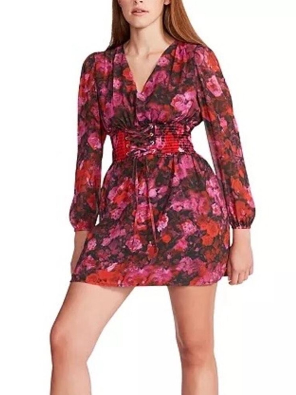 Steve Madden Diana Pink Floral Smock Chiffon Long Sleeve Mini Dress Womens Sz M
